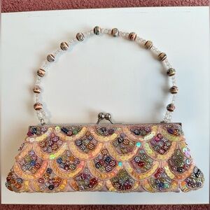 Beaded Multicolor Clutch with Handle and Detachable silver chain shoulder strap